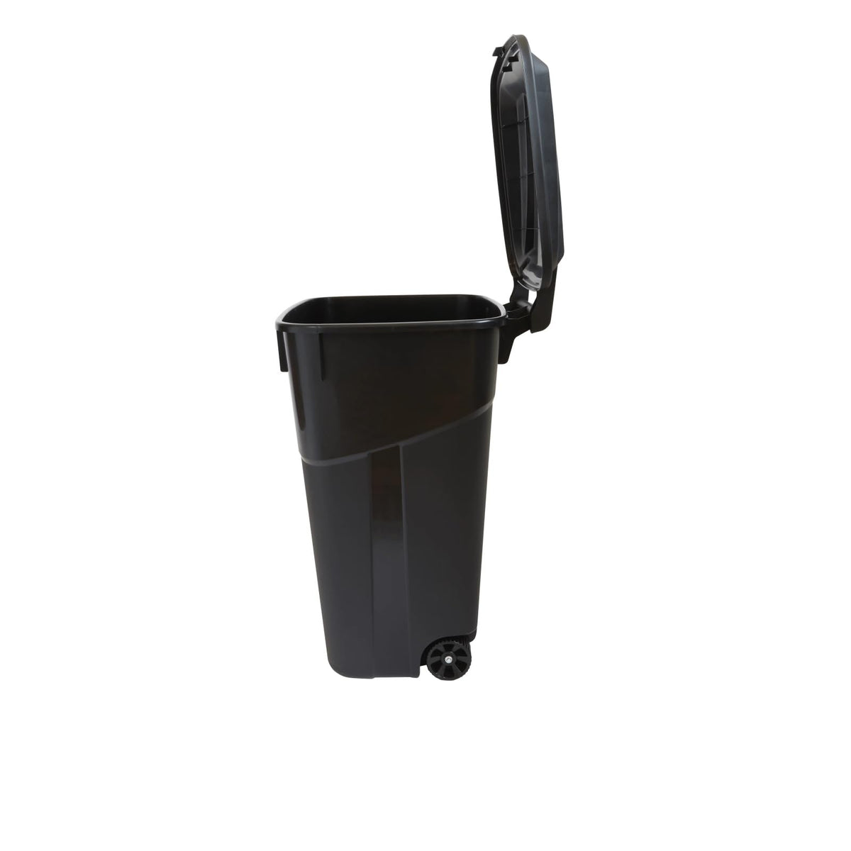 32 Gallon Black Wheeled Plastic Garbage Can with Attached Lid I36083