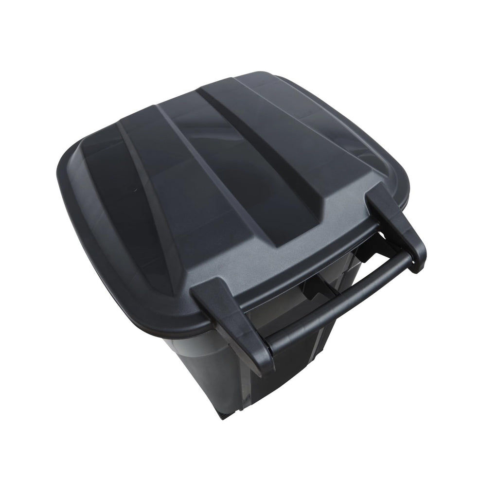 32 Gallon Black Wheeled Plastic Garbage Can with Attached Lid I36083