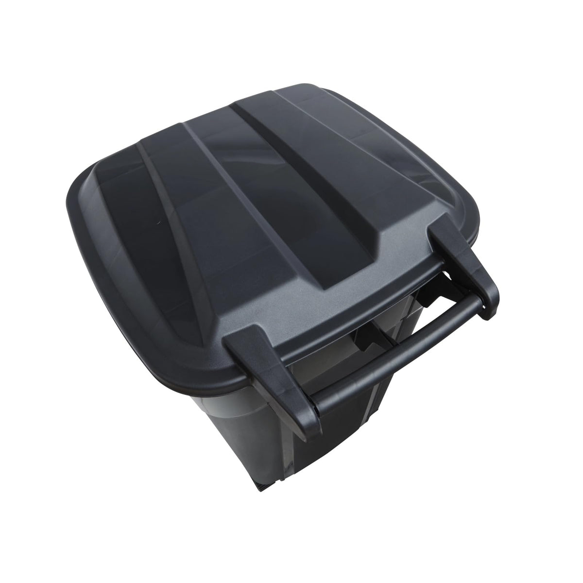 32 Gallon Black Wheeled Plastic Garbage Can with Attached Lid I36083