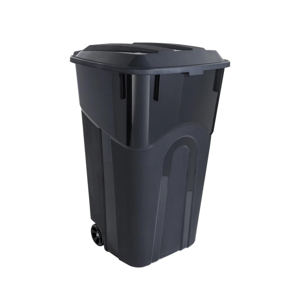 32 Gallon Black Wheeled Plastic Garbage Can with Attached Lid I36083