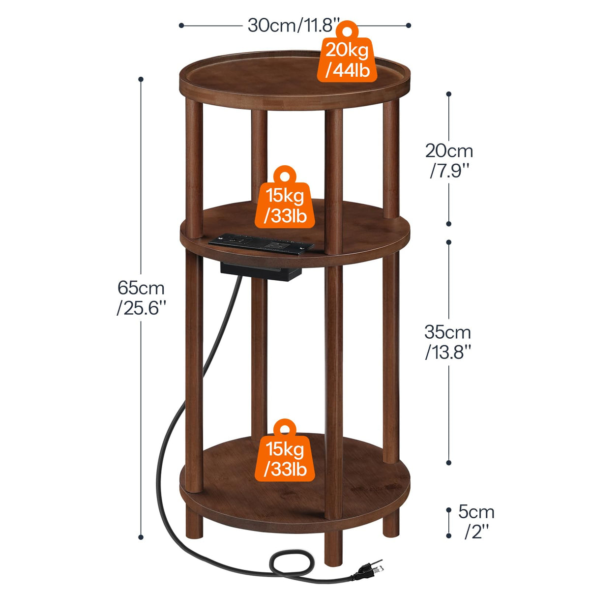 Set of 2 Round Bamboo Side Tables with Charging Station O511
