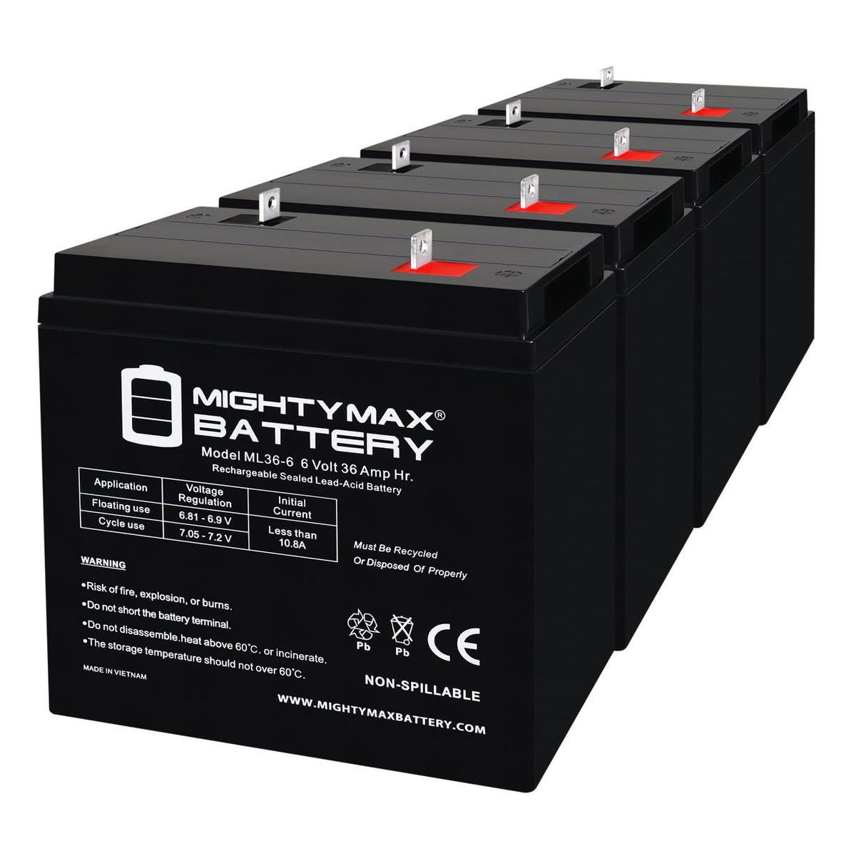6 Volt 36 AH Rechargeable SLA AGM Battery 4 Pack Z3850