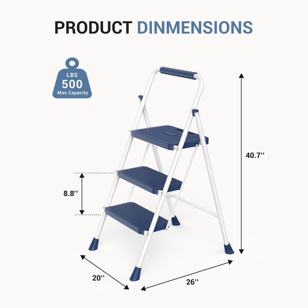 3 Step Ladder with Anti-Slip Pedal and Handrail, 500lbs Blue R8019