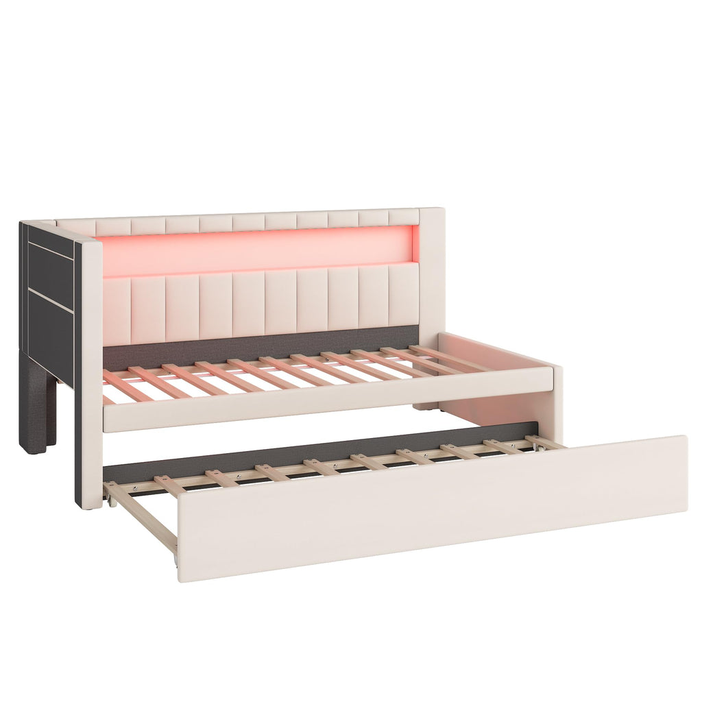 Twin Size Upholstered Daybed with Trundle and USB LED Belt R182