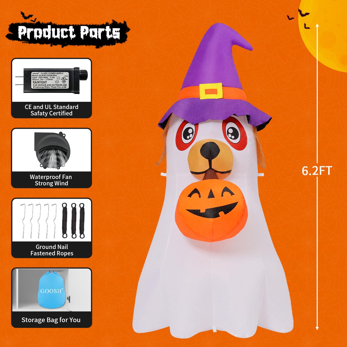 6.2 FT Halloween Inflatables Dog with Pumpkin Built-in LEDs J9876