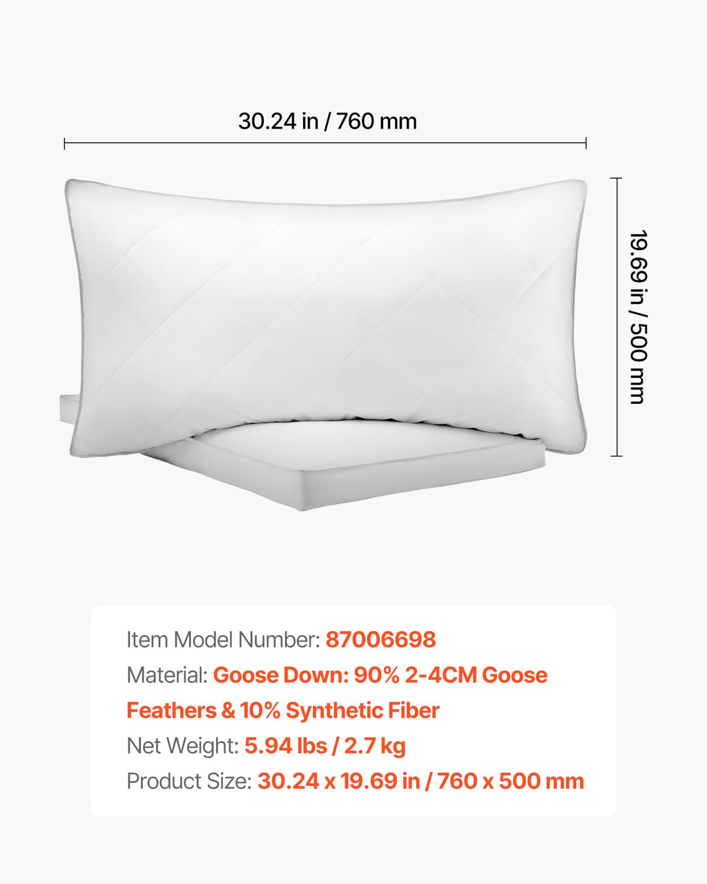 Queen Size White Set of 2 Bed Pillows J96102