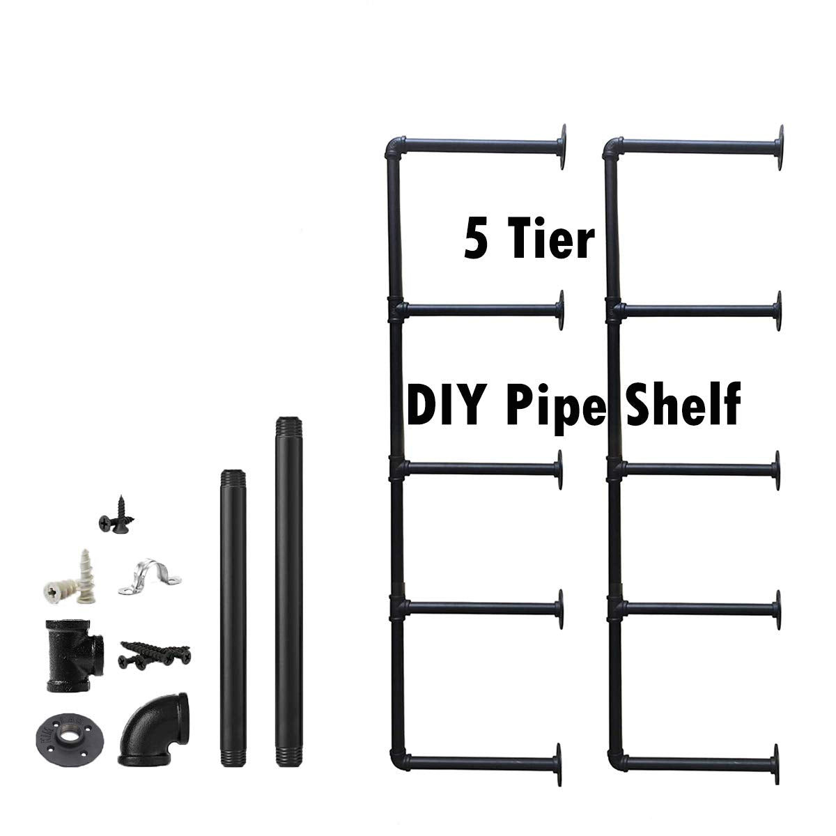 Industrial Wall Mount Iron Pipe Shelf 2Pcs 5 Tier Y667379