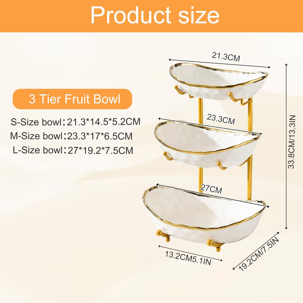 3 Tier Ceramic Fruit Bowl with Gold Metal Stand T3757