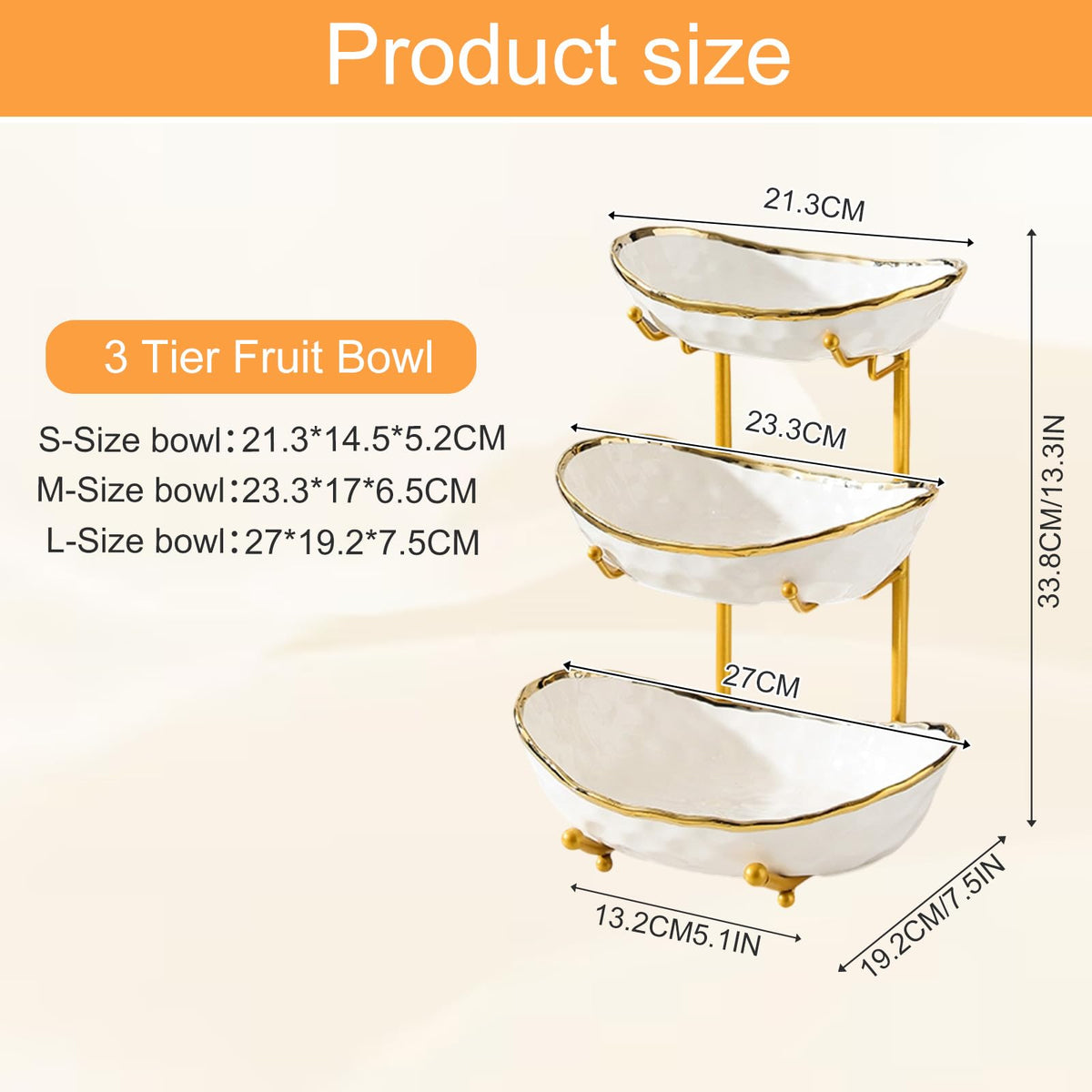 3 Tier Ceramic Fruit Bowl with Gold Metal Stand T3757