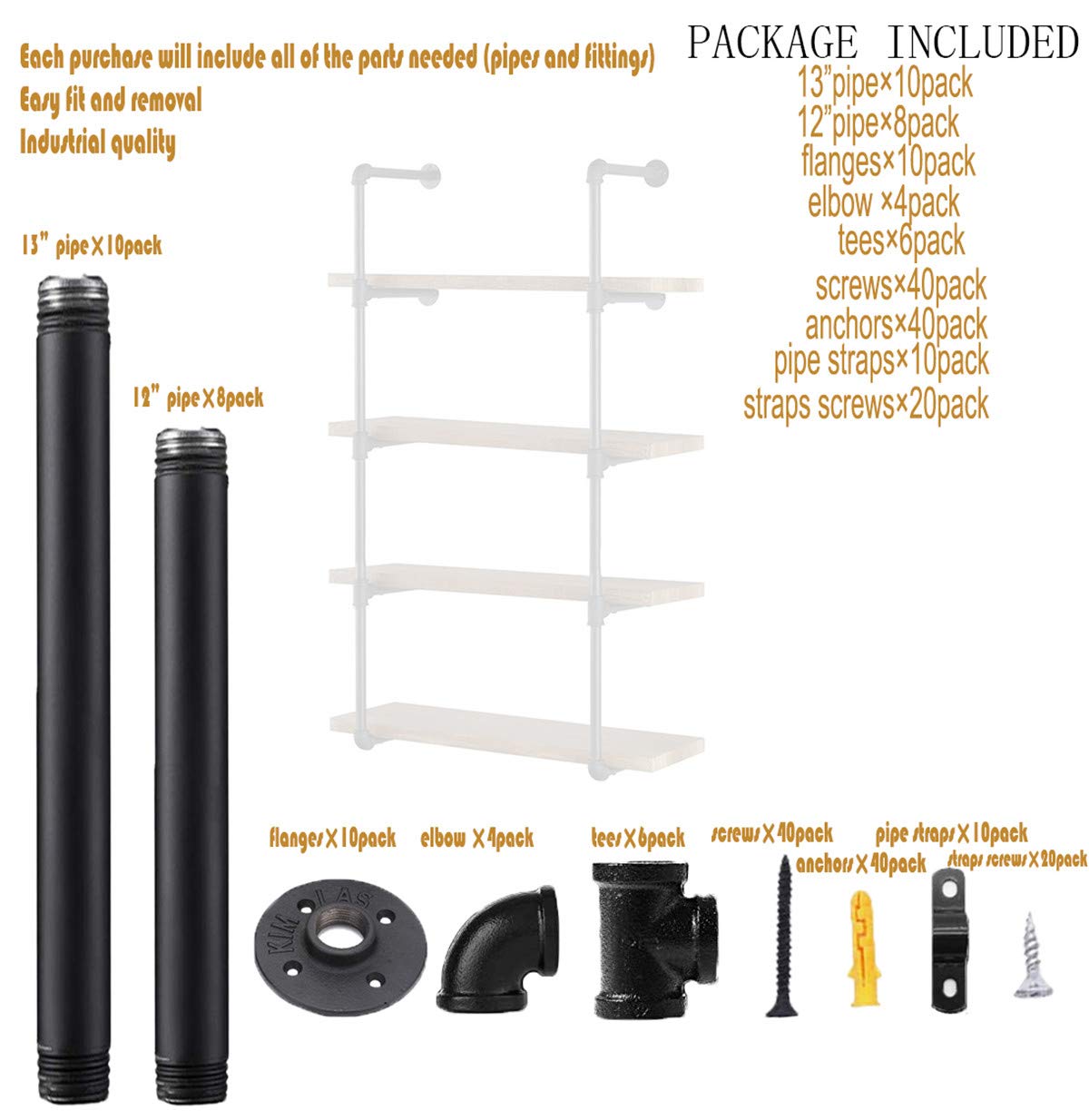 Industrial Wall Mount Iron Pipe Shelf 2Pcs 5 Tier Y667379