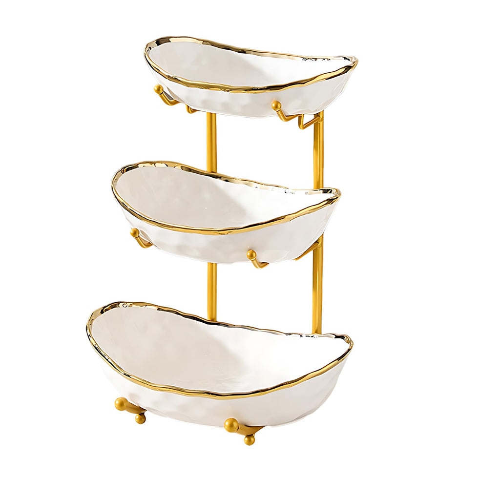 3 Tier Ceramic Fruit Bowl with Gold Metal Stand T3757