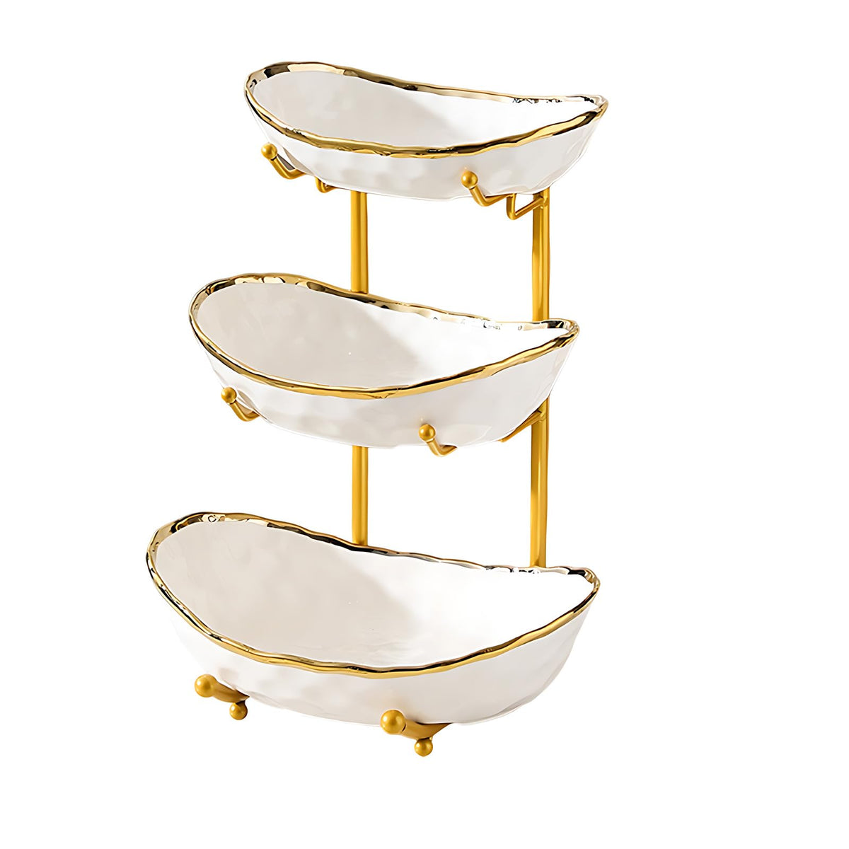 3 Tier Ceramic Fruit Bowl with Gold Metal Stand T3757