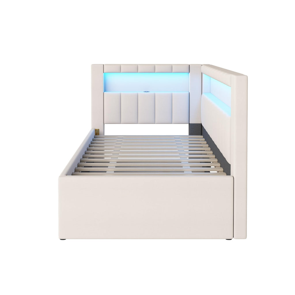 Twin Size Upholstered Daybed with Trundle and USB LED Belt R182