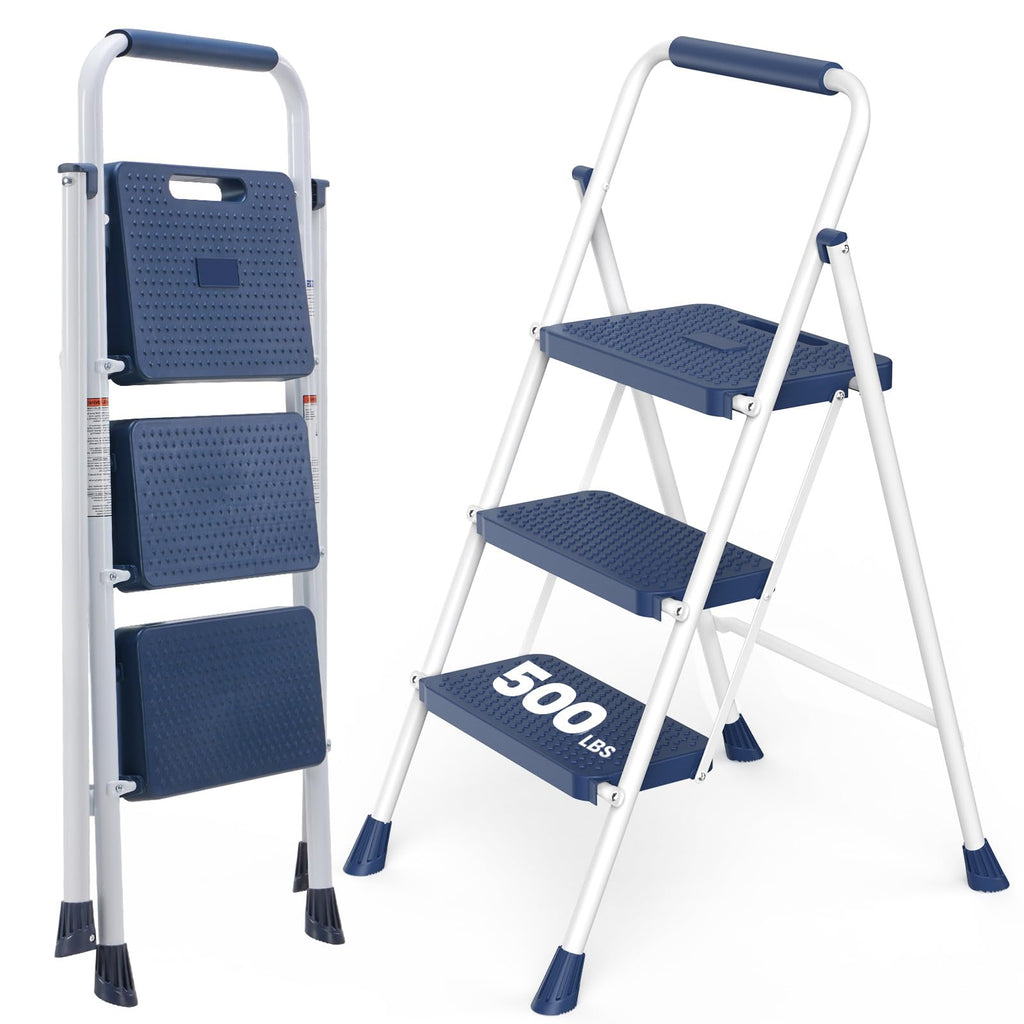 3 Step Ladder with Anti-Slip Pedal and Handrail, 500lbs Blue R8019