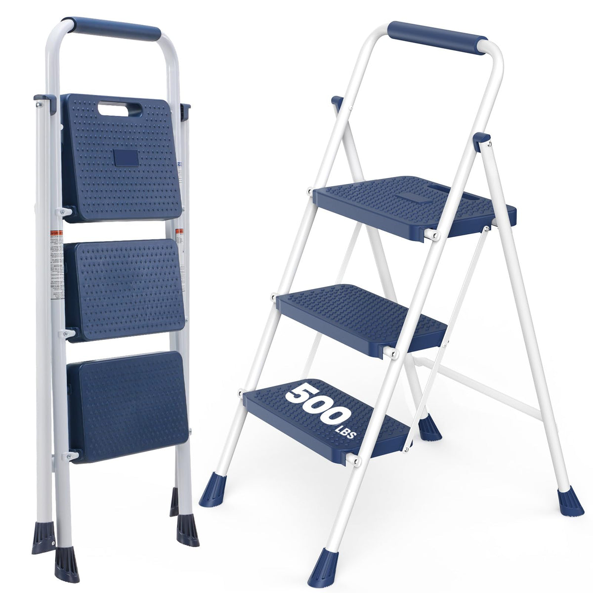 3 Step Ladder with Anti-Slip Pedal and Handrail, 500lbs Blue R8019