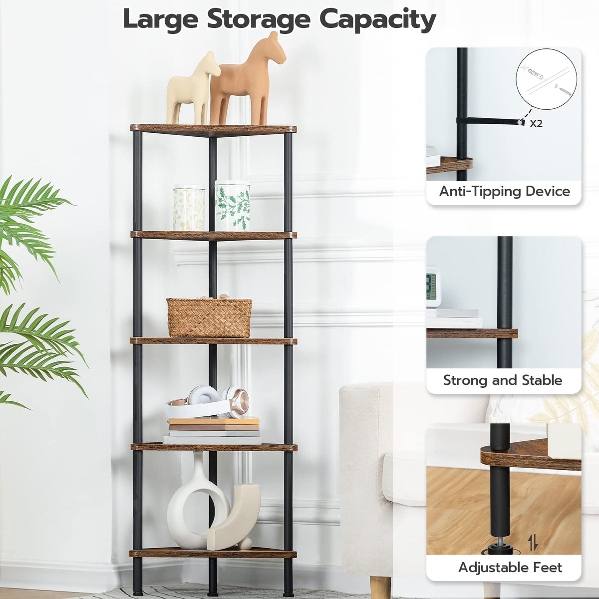 5-Tier Corner Bookshelf with Metal Frame A255