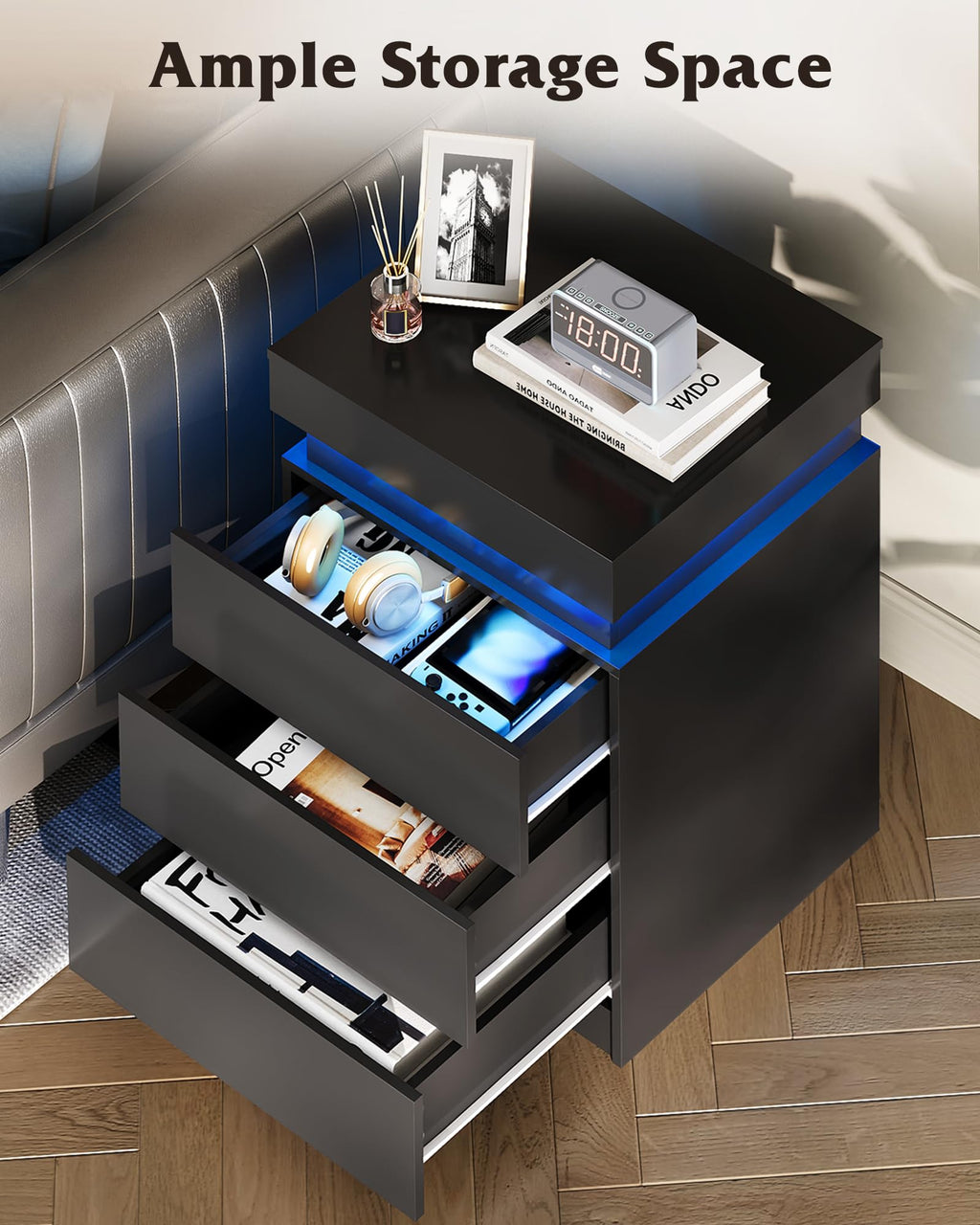 Black Nightstand with Charging Station Z8623