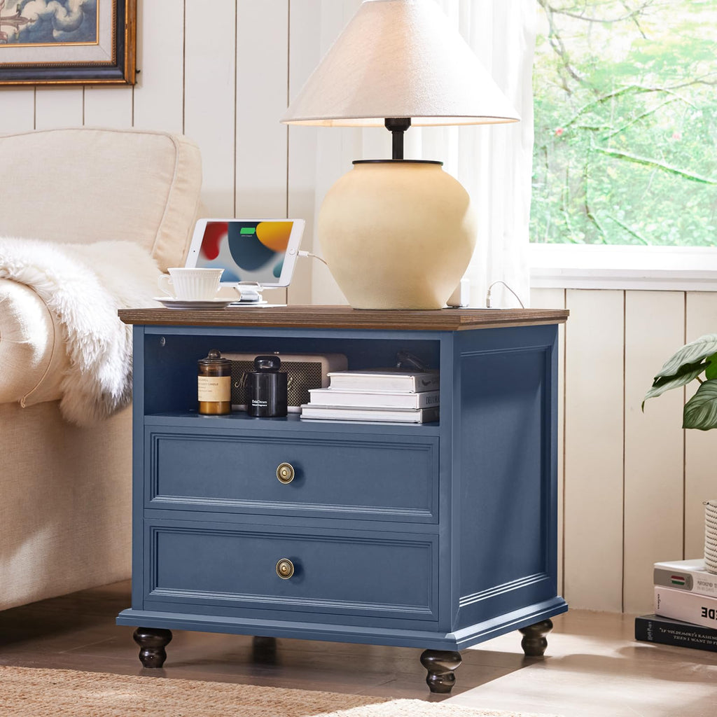 Blue 2 Drawer Nightstand Set of 2 with Charging Station F995109