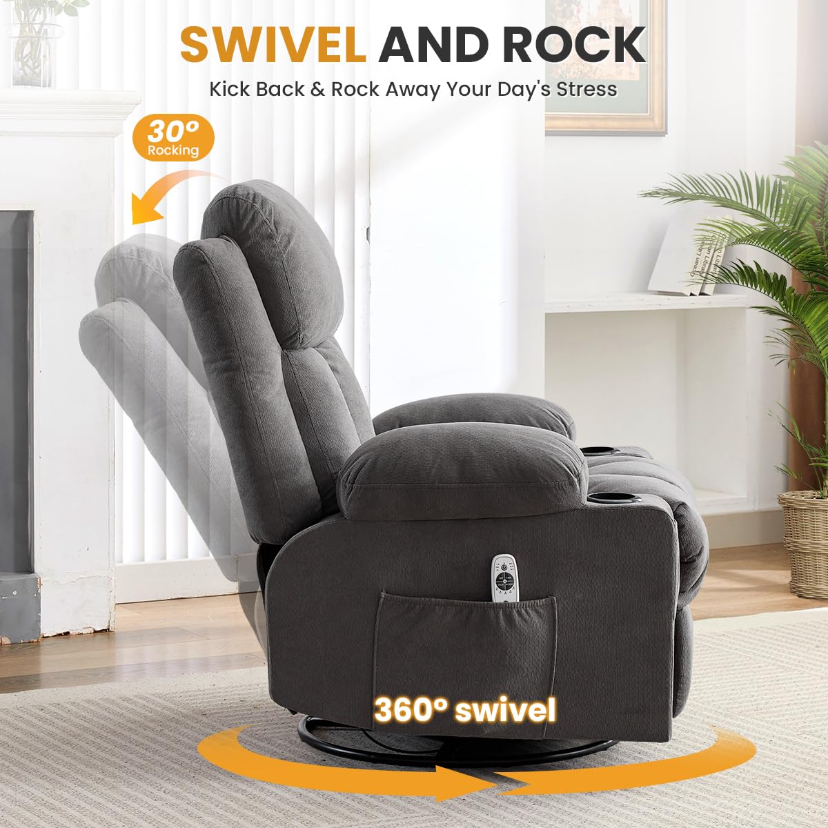 Swivel Rocker Recliner Chair with Vibration Massage & Lumbar Heating A924106