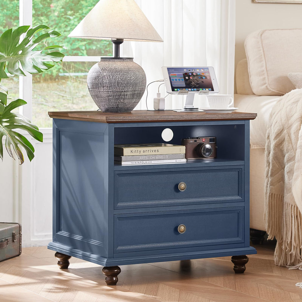 Blue 2 Drawer Nightstand Set of 2 with Charging Station F995109