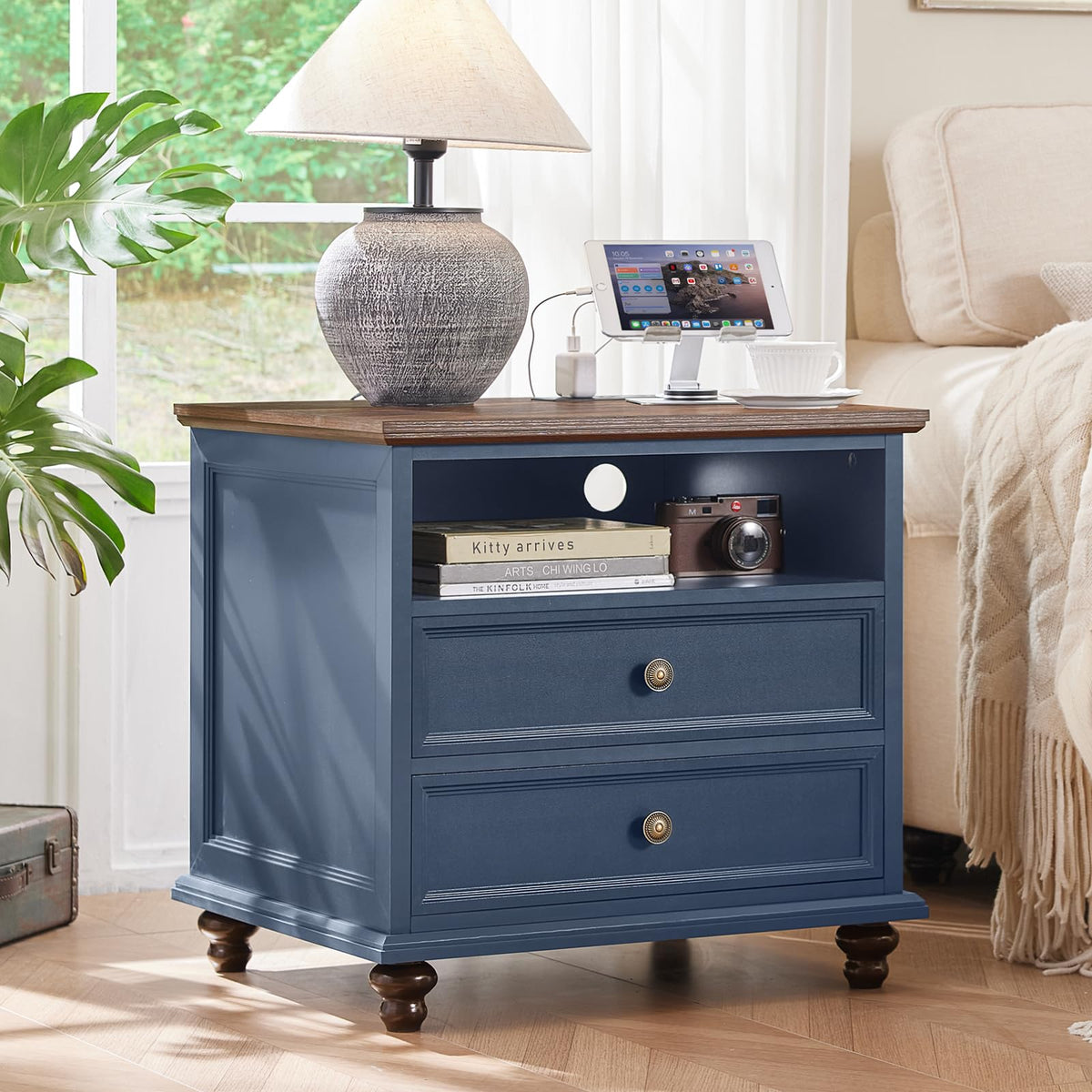 Blue 2 Drawer Nightstand Set of 2 with Charging Station F995109