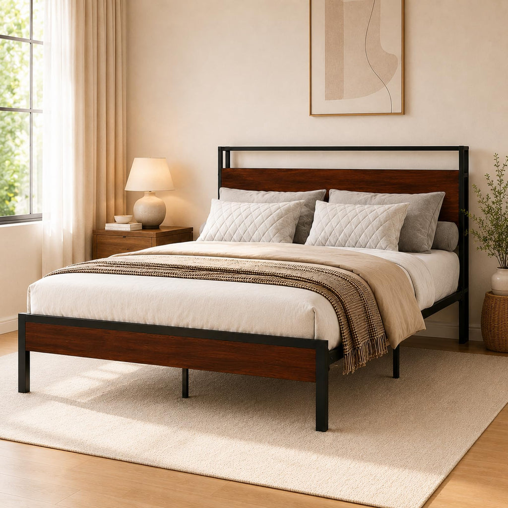 Full Size Metal Platform Bed Frame with Wood Headboard and Footboard Y94538
