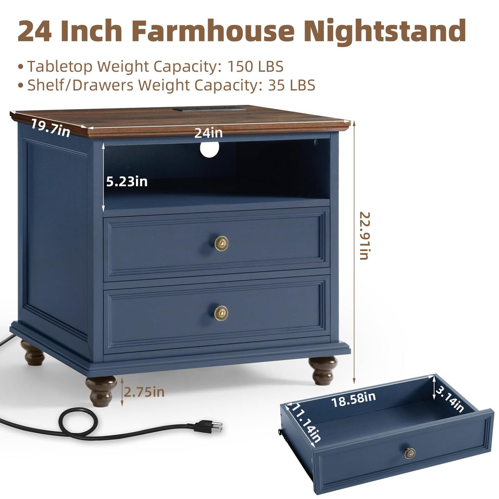 Blue 2 Drawer Nightstand Set of 2 with Charging Station F995109