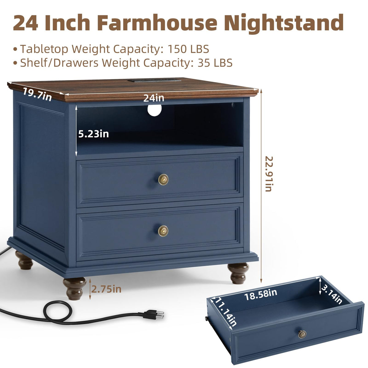 Blue 2 Drawer Nightstand Set of 2 with Charging Station F995109