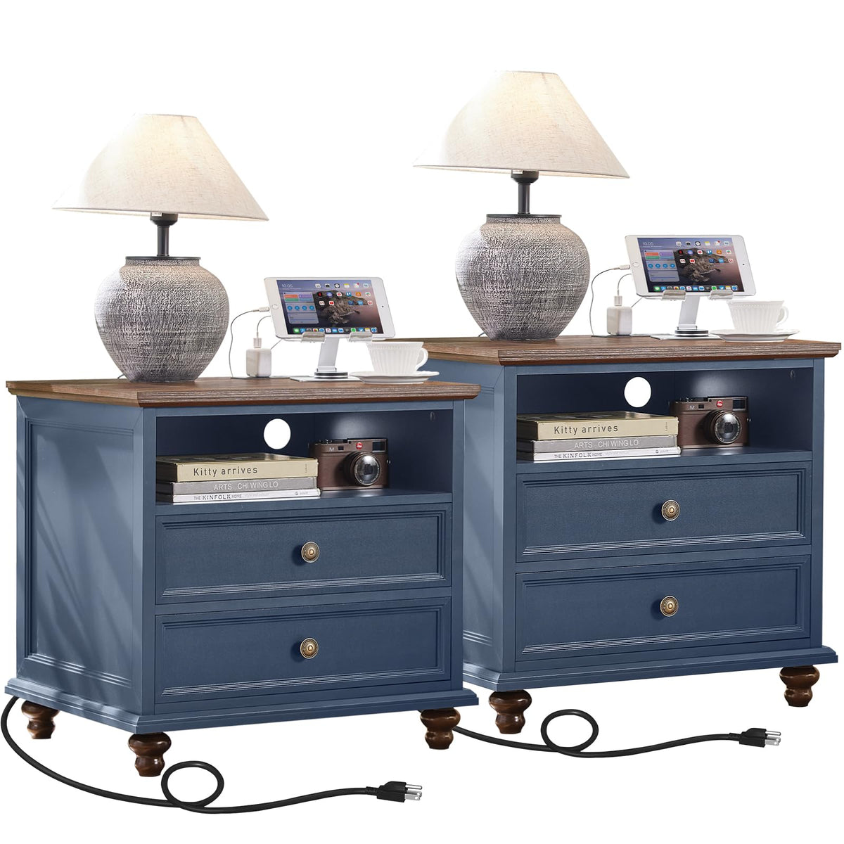 Blue 2 Drawer Nightstand Set of 2 with Charging Station F995109
