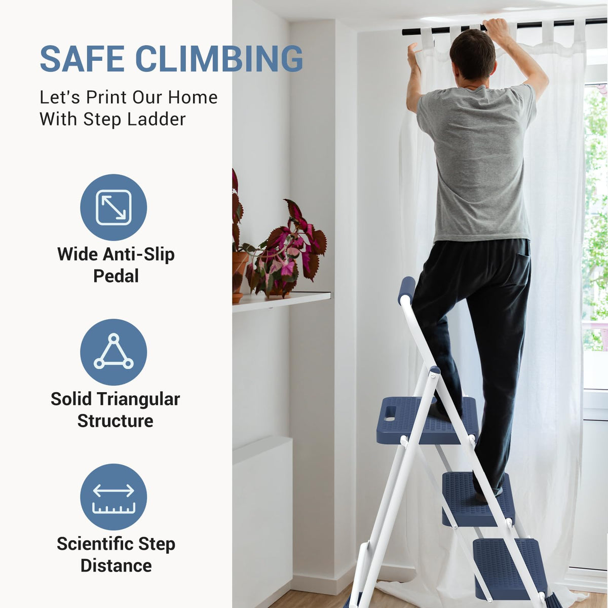 3 Step Ladder with Anti-Slip Pedal and Handrail, 500lbs Blue R8019