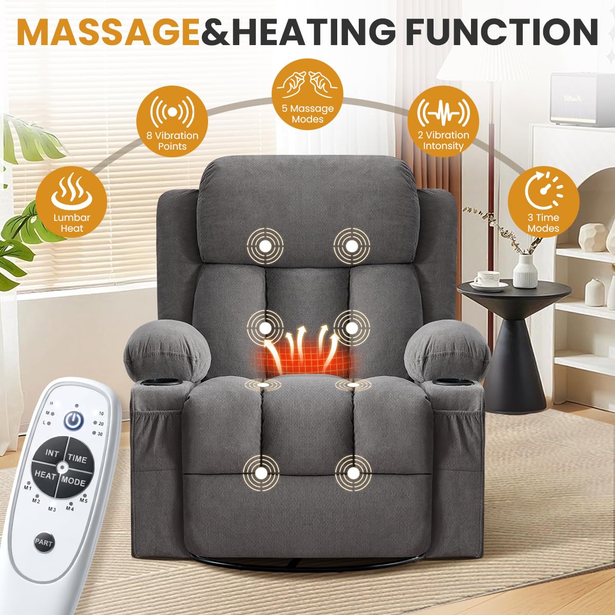Swivel Rocker Recliner Chair with Vibration Massage & Lumbar Heating A924106