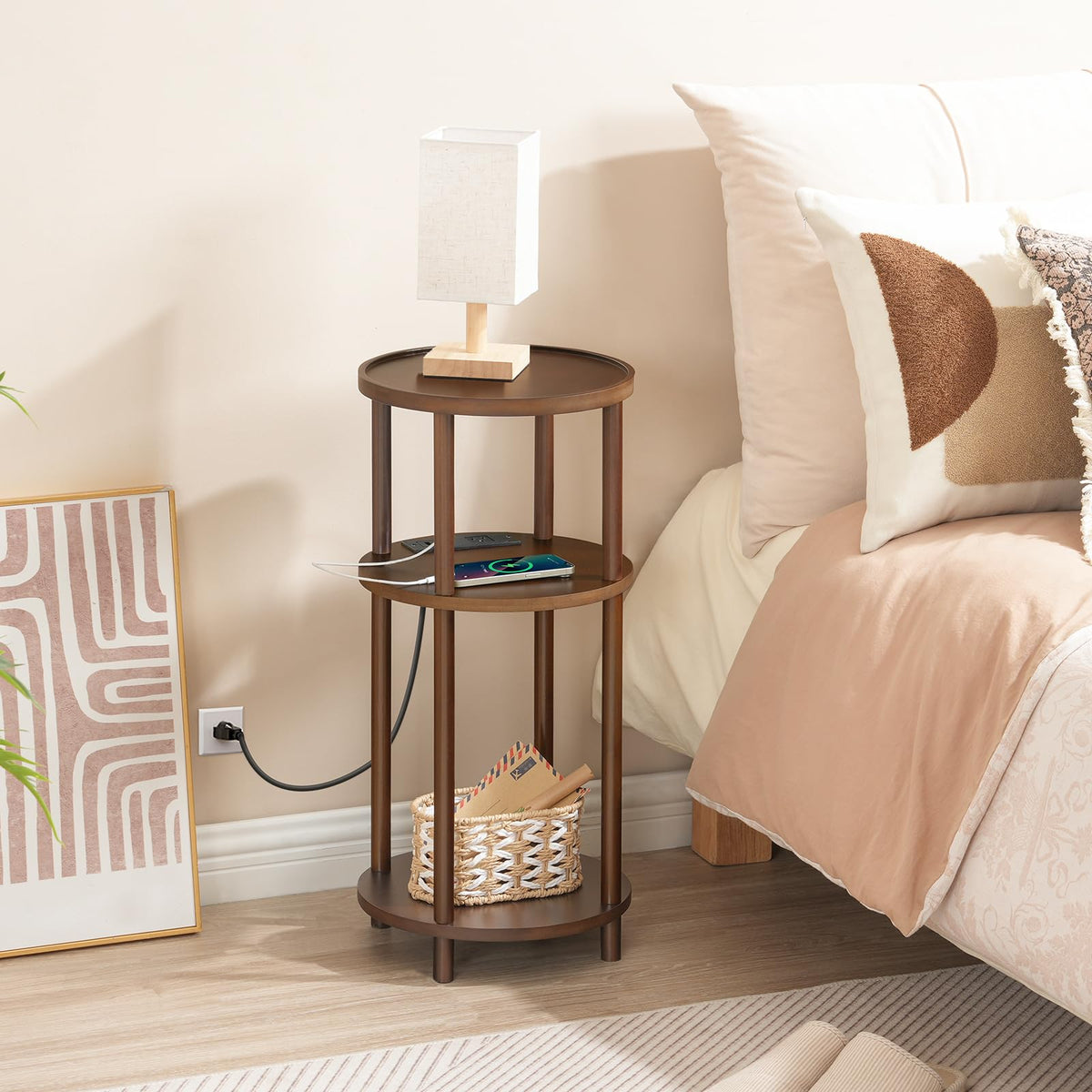 Set of 2 Round Bamboo Side Tables with Charging Station O511