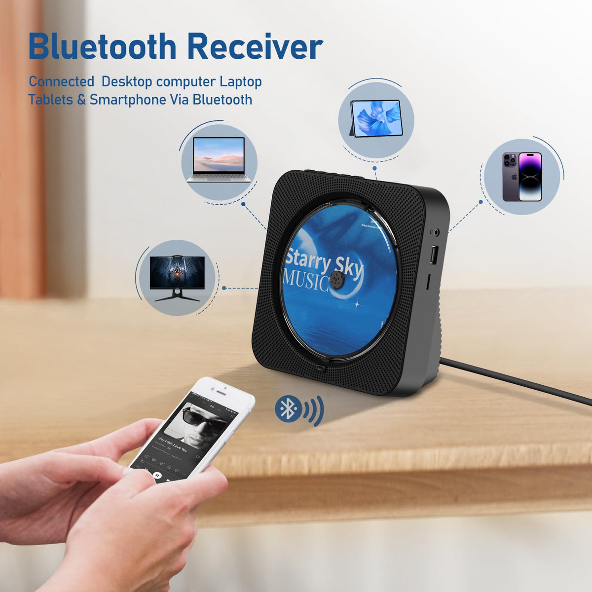 Portable Bluetooth CD Player with Speakers, Remote Control, LED Display, FM Radio, USB/AUX (Black) X697795