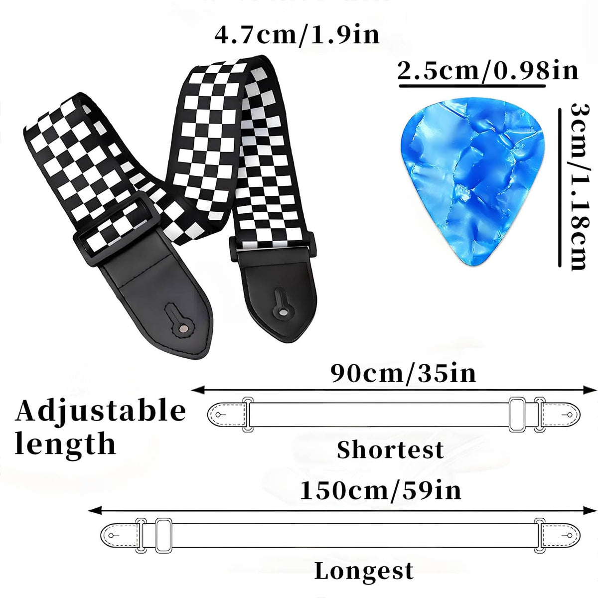 Black White Grid Guitar Strap with 3 Picks O37844