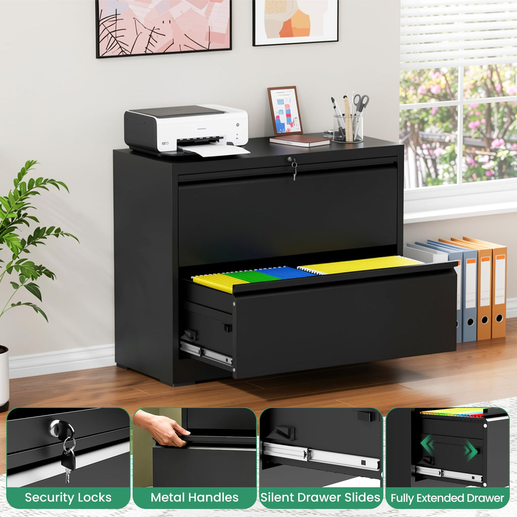 Black 2 Drawer Metal Lateral File Cabinet with Lock L4143