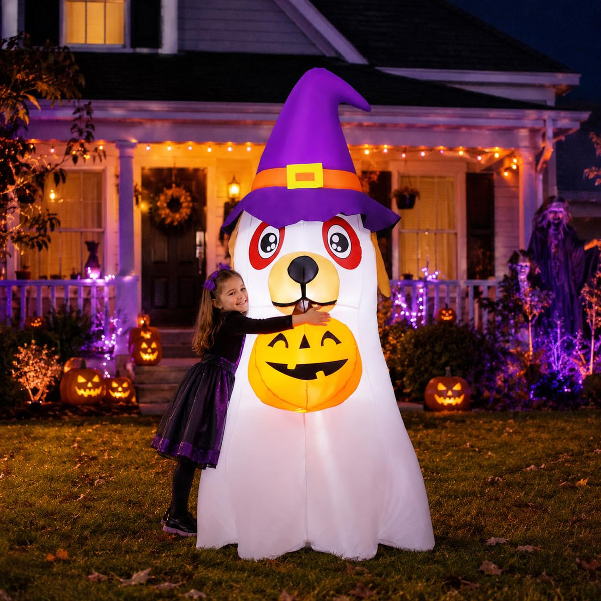 6.2 FT Halloween Inflatables Dog with Pumpkin Built-in LEDs J9876