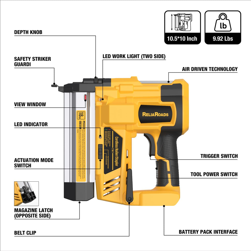 2" Cordless Brad Nailer 18GA Battery Powered Nail Gun with Toolbag F150881