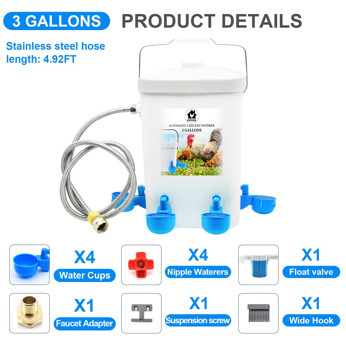 3 Gallons Automatic Poultry Waterer with Hose Attachment P450