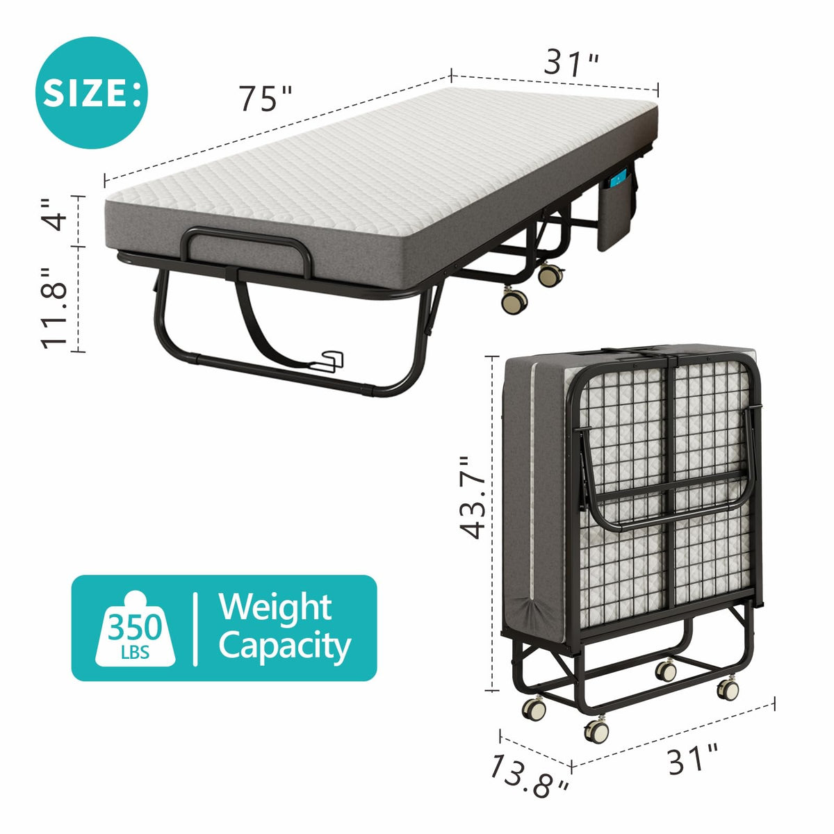 Folding Bed with Mattress, 75" x 31" Portable Rollaway Bed, Metal Frame Guest Bed with Memory Foam Mattress P920893