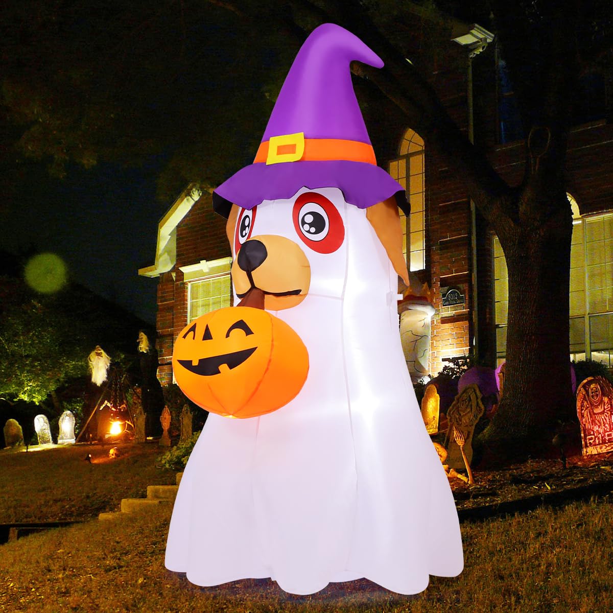 6.2 FT Halloween Inflatables Dog with Pumpkin Built-in LEDs J9876