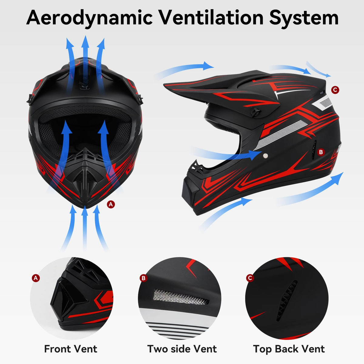 Youth Kids Full Face Motocross Helmet 4PCS Set DOT Approved Red XL D5656