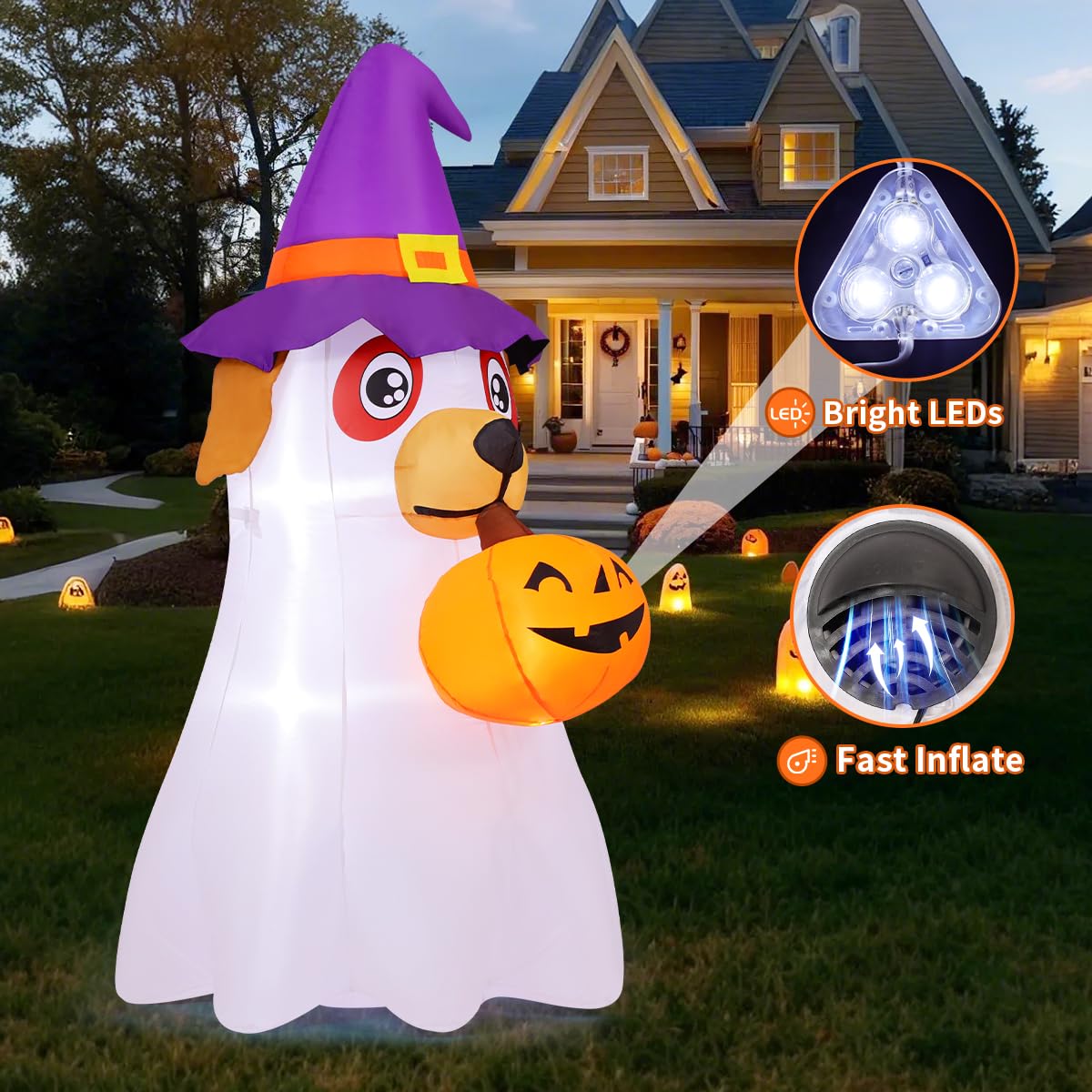 6.2 FT Halloween Inflatables Dog with Pumpkin Built-in LEDs J9876