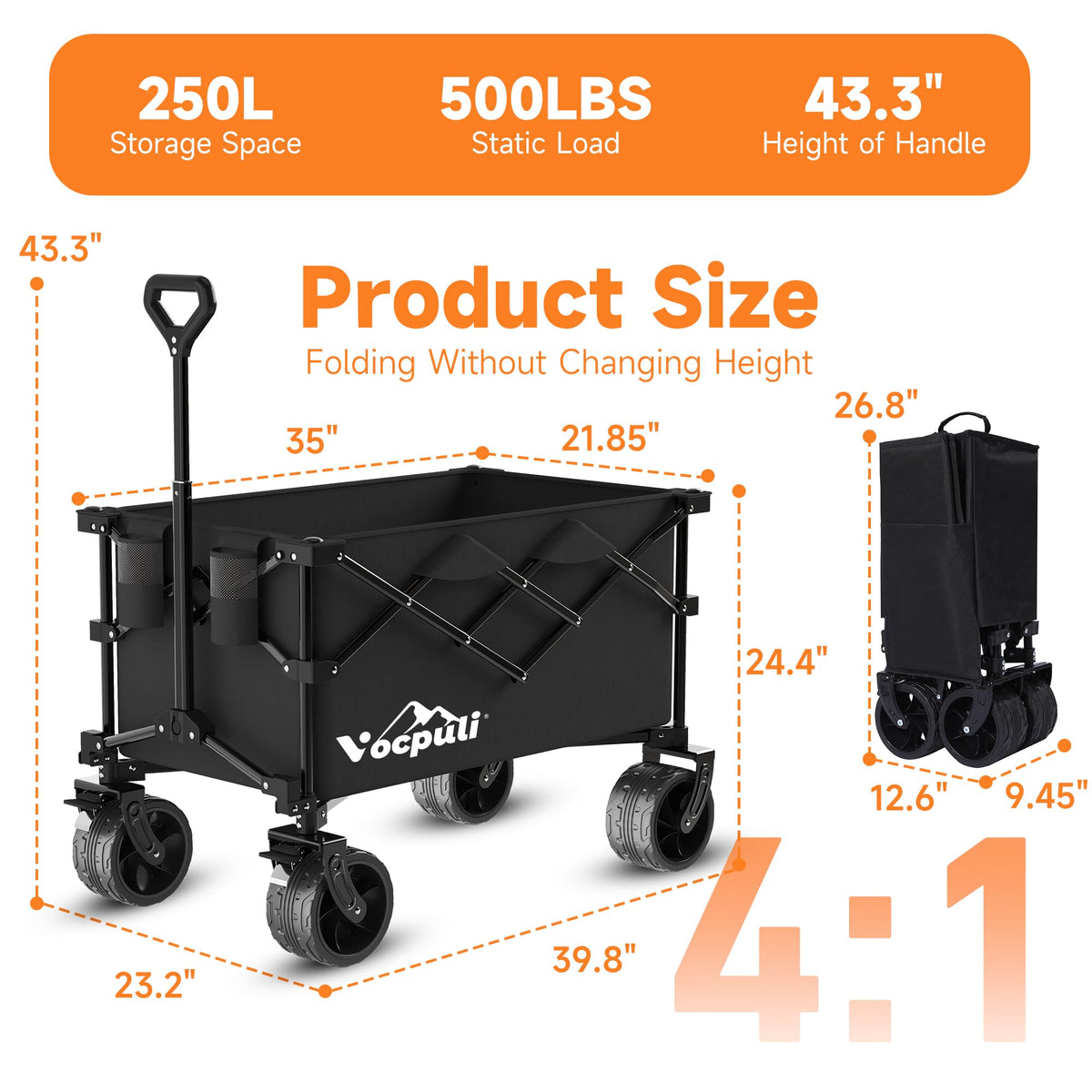 40" Black Collapsible Wagon Cart 500lbs 250L F764209