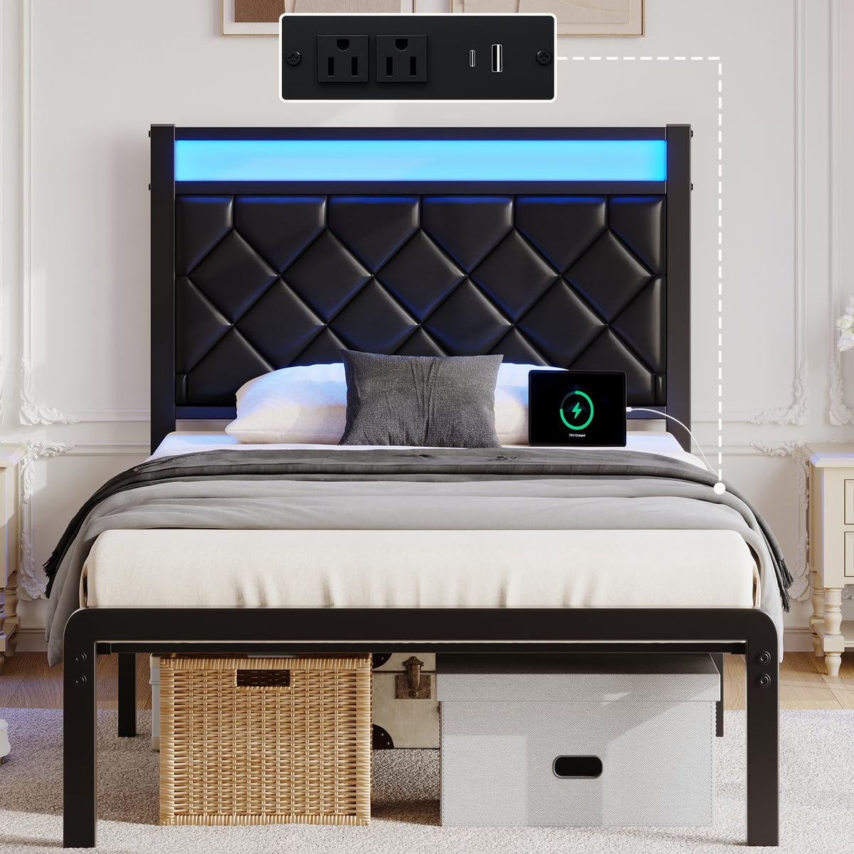 Twin Platform Bed Frame with Charging Station H110410