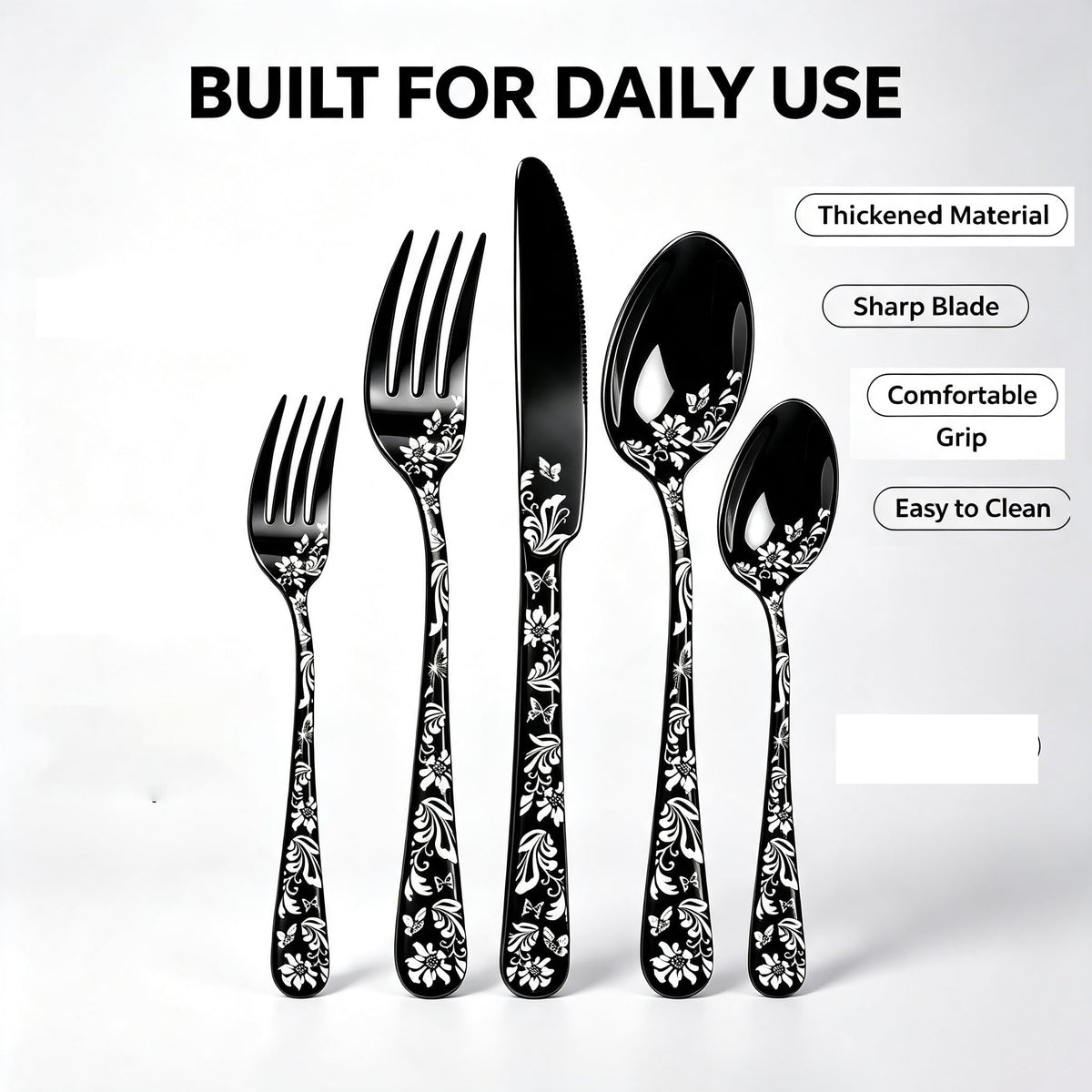 60 Piece White Floral Pattern Stainless Steel Silverware Set V167