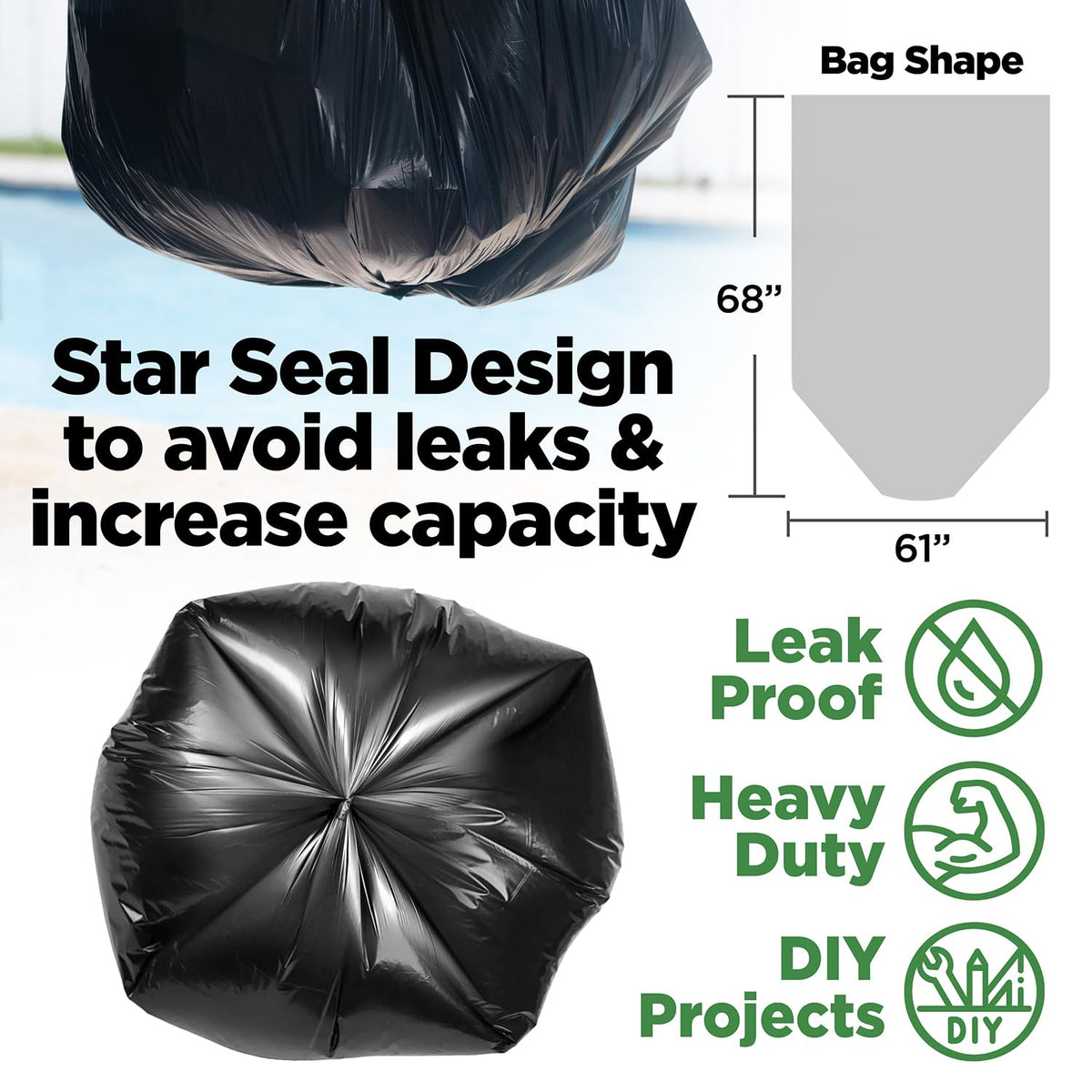 95 Gallon Heavy Duty Contractor Trash Bags, 50 Ct, Black, 1.2 Mil I9324