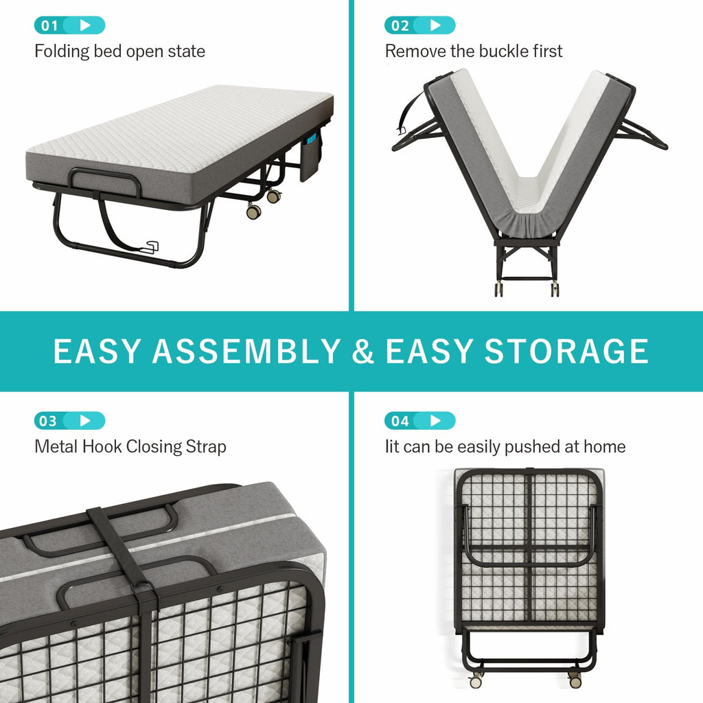Folding Bed with Mattress, 75" x 31" Portable Rollaway Bed, Metal Frame Guest Bed with Memory Foam Mattress P920893