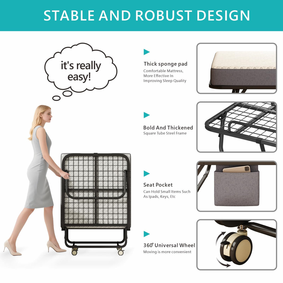 Folding Bed with Mattress, 75" x 31" Portable Rollaway Bed, Metal Frame Guest Bed with Memory Foam Mattress P920893