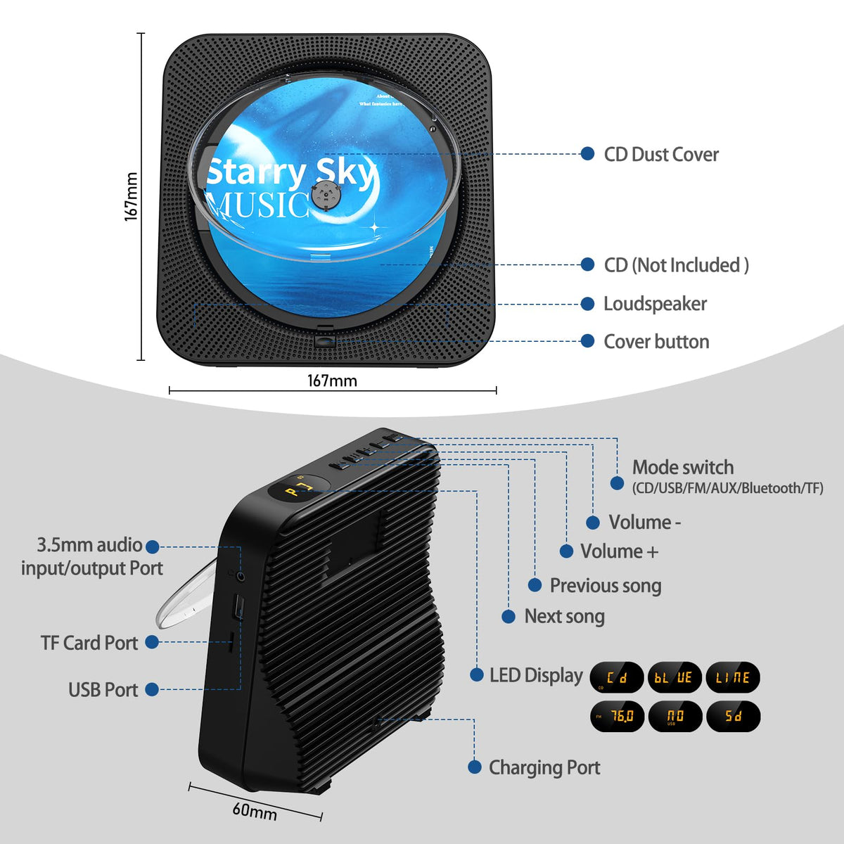 Portable Bluetooth CD Player with Speakers, Remote Control, LED Display, FM Radio, USB/AUX (Black) X697795