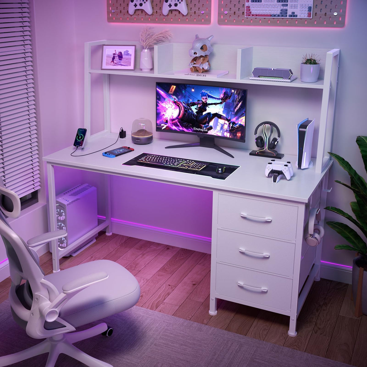 White Computer Desk with Hutch & Drawers 47 Inch L90279
